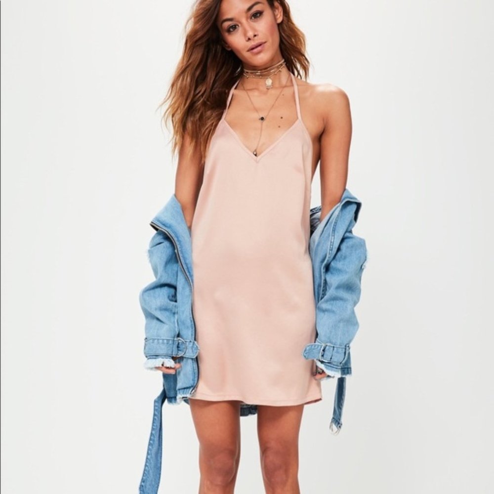 NWT Missguided Silky T Bar Slip Dress Nude, Size 2